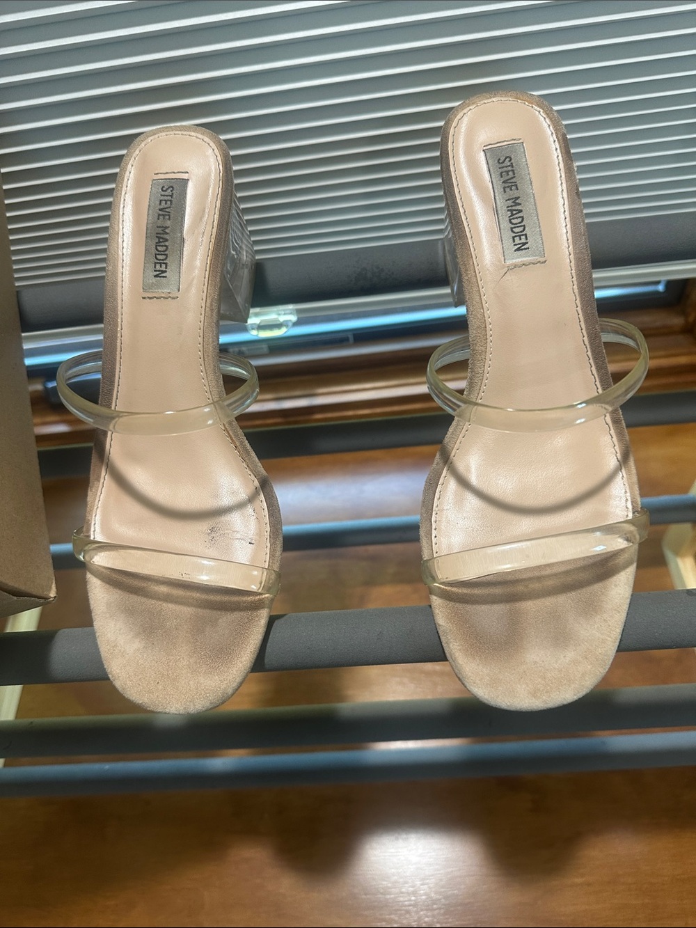 Steve Madden Nude Clear-Strap Block Heel Mules